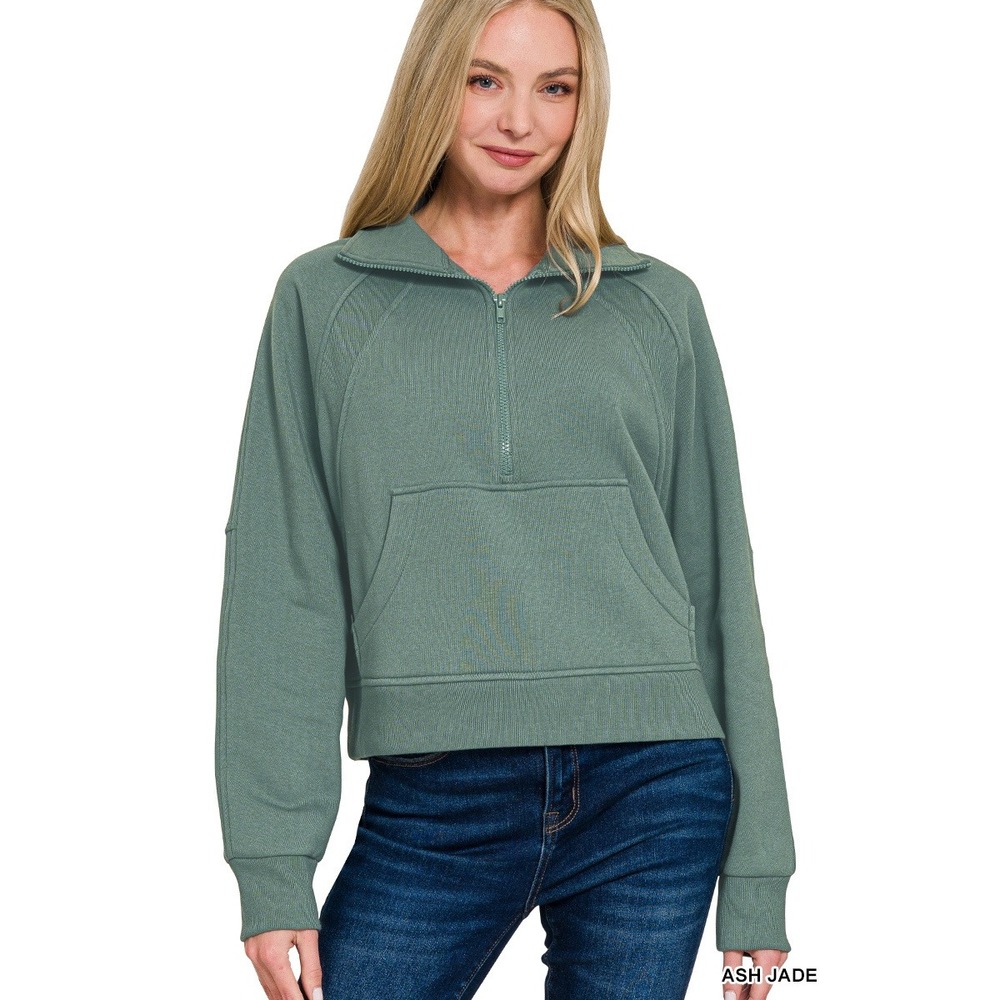 Zenana Quarter-Zip Sweatshirt Women Medium Ash Jade NWOT Cropped Pullover